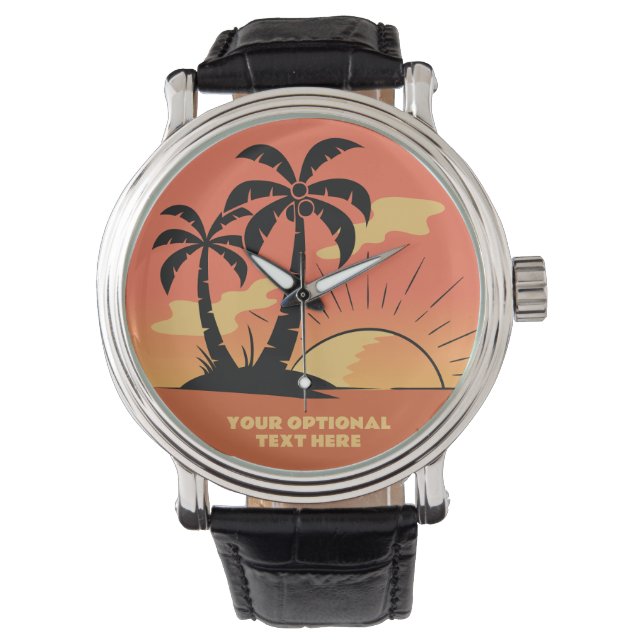 Benutzerdefinierter Text Tropeninsel Sonnenset Armbanduhr (Vorderseite)