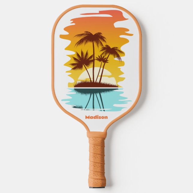 Benutzerdefinierter Text Tropeninsel Sonnenset Pickleball Schläger (Vorderseite)