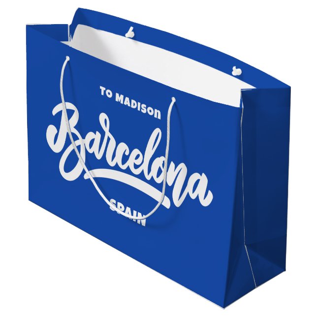 Benutzerdefinierter Text und Farbe Barcelona Große Geschenktüte (Rückseite Schrägansicht)