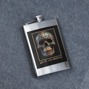 Benutzerdefinierter Türkis-Gold-Día-de-los-Muertos Flachmann