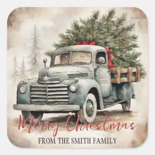 Benutzerdefinierter Vintage-LKW Frohe Weihnachten Quadratischer Aufkleber