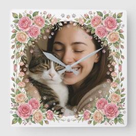 Benutzerdefinierter Wasserfarben-Rosenrahmen Katze Quadratische Wanduhr