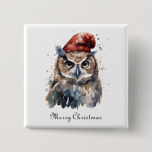 Benutzerdefinierter Wasserfarben-Weihnachtskauz mi Button (Vorderseite)