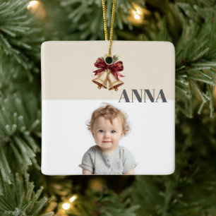 Benutzerdefinierter Weihnachts-Kind-Foto- und Name Keramikornament