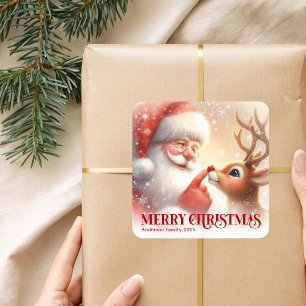 Benutzerdefinierter Weihnachtsmann und Rudolph Frö Quadratischer Aufkleber