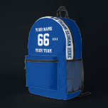 Benutzerdefinierter weißer Name, Nummer, Teamsport Bedruckter Rucksack<br><div class="desc">Erstellen Sie Ihren eigenen, ganz eigenen, weißen, blauen Sport Football Style bedruckten Rucksack mit Name, Nummer, Teamname, Slogan und Jahr. Personalisieren Sie diese einfache, klassische gedruckte Rucksack-Vorlage mit Ihrer benutzerdefinierten Nachricht, Name, Teamname und Jahr. Einfach für einen coolen Sportgenuss personalisieren. Kreieren Sie Ihr einzigartiges personalisiertes Geschenk für Trainer, Geburtstag eines...</div>