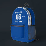Benutzerdefinierter weißer Name, Nummer, Teamsport Bedruckter Rucksack<br><div class="desc">Erstellen Sie Ihren eigenen, ganz eigenen, weißen, blauen Sport Football Style bedruckten Rucksack mit Name, Nummer, Teamname, Slogan und Jahr. Personalisieren Sie diese einfache, klassische gedruckte Rucksack-Vorlage mit Ihrer benutzerdefinierten Nachricht, Name, Teamname und Jahr. Einfach für einen coolen Sportgenuss personalisieren. Kreieren Sie Ihr einzigartiges personalisiertes Geschenk für Trainer, Geburtstag eines...</div>