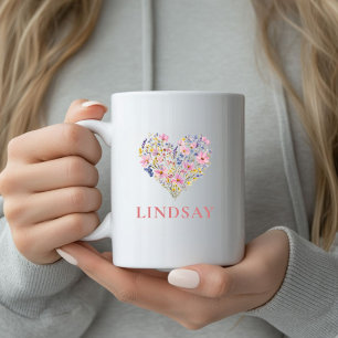 Benutzerdefinierter Wildblumen-Herz-Namen-Becher Kaffeetasse