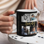 Benutzerdefiniertes 10-Foto sammelt das Skript Ihr Kaffeetasse<br><div class="desc">Erstellen Sie Ihre eigene schöne 10-Foto-Collage schwarze Tasse mit Imitaten Gold handgeschriebene Kalligraphie-Skript und Template Text Typografie "Familienname,  Jahr und unsere Geschichte geht weiter".                     Kann ein personalisiertes Geschenk für einen Familienjubiläum,  Weihnachten,  ein Geschenk für Großmutter oder Großvater,  für Mama oder Papa am Muttertag,  Vatertag oder Geburtstag sein.</div>