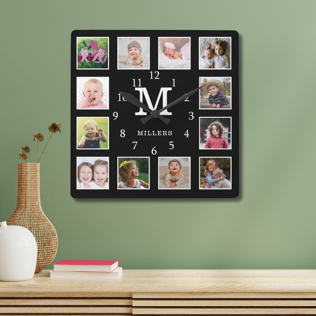 Benutzerdefiniertes 12-Foto Collage Familienname M Quadratische Wanduhr (Custom 12 Photo Collage Family Name Monogram Black Square Wall Clock)