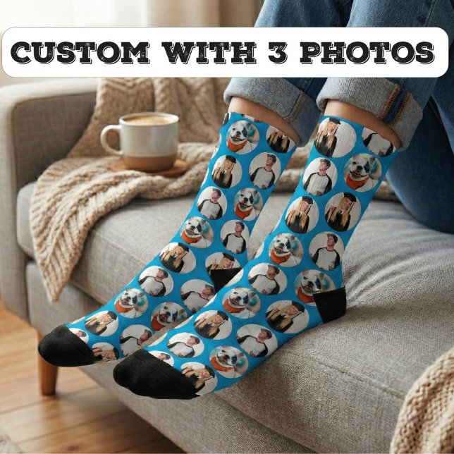 Benutzerdefiniertes 3-Foto-Muster Blau Socken (Von Creator hochgeladen)