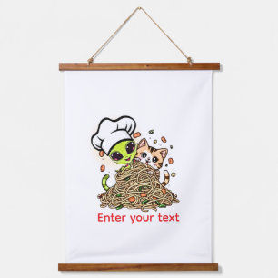 Benutzerdefiniertes Alien-Chef-Katze-Ramen-Kawaii- Wandteppich Mit Holzrahmen