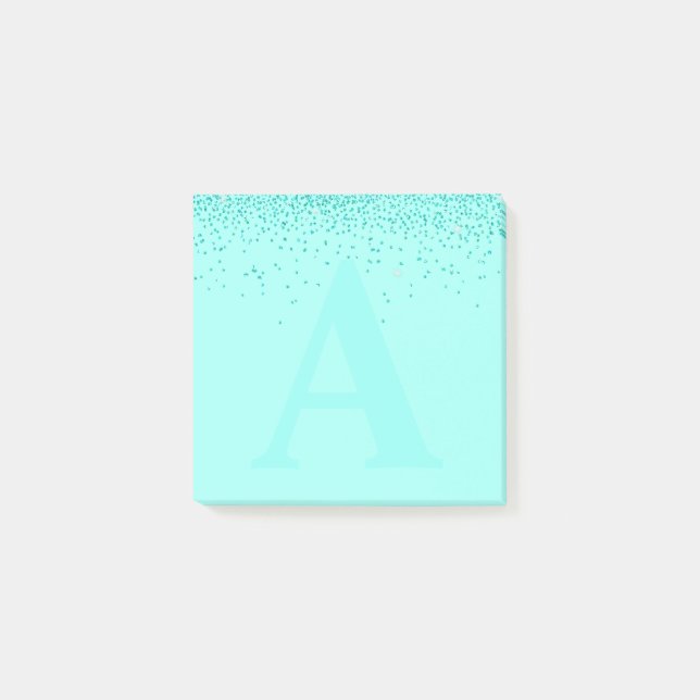 Benutzerdefiniertes Aqua-Glitzer Monogram Notepad Post-it Klebezettel (Vorderseite)