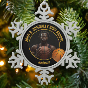 Benutzerdefiniertes Basketballspieler-Foto Schwarz Schneeflocken Zinn-Ornament