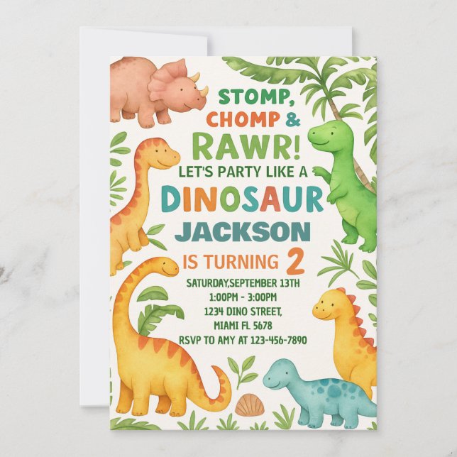 Benutzerdefiniertes bearbeitbares Dino Party Einla Feiertagskarte (Vorderseite)