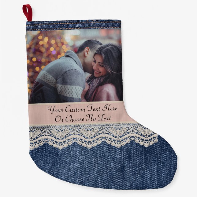 Benutzerdefiniertes Bild/Text Blue Jeans Denim Chi Großer Weihnachtsstrumpf (Vorderseite)