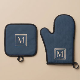 Benutzerdefiniertes blaues und Vanille-Monogramm m Ofenhandschuh & Topflappen-Set