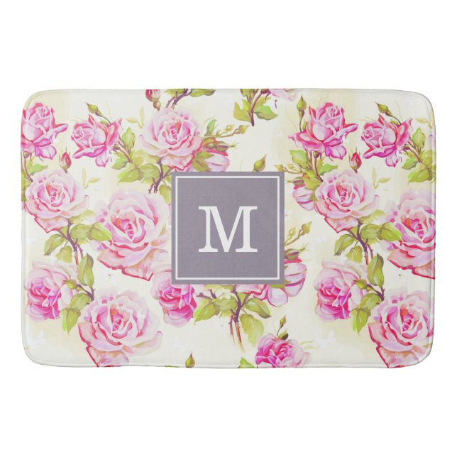Benutzerdefiniertes Blumenmuster Alte Rose Monogra Badematte (Vorderseite)