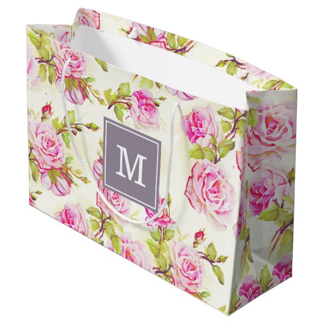 Benutzerdefiniertes Blumenmuster Alte Rose Monogra Große Geschenktüte (Rückseite Schrägansicht)
