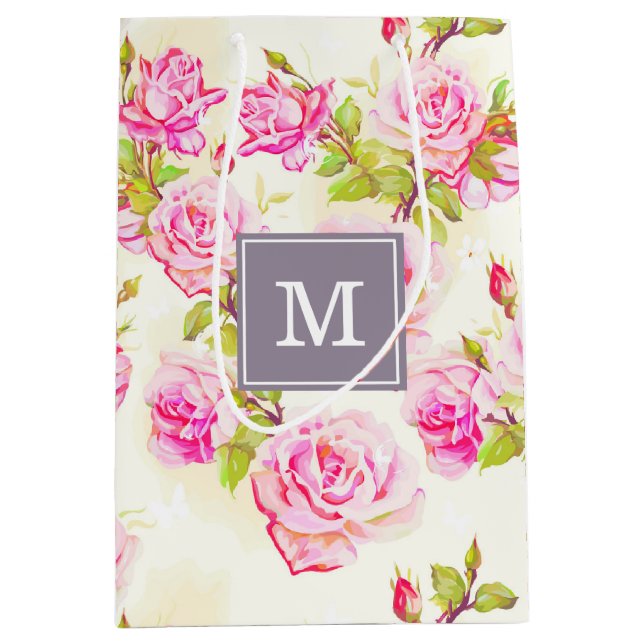 Benutzerdefiniertes Blumenmuster Alte Rose Monogra Mittlere Geschenktüte (Vorderseite)