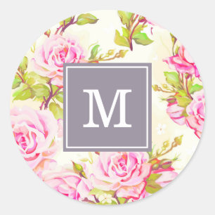 Benutzerdefiniertes Blumenmuster Alte Rose Monogra Runder Aufkleber