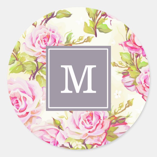 Benutzerdefiniertes Blumenmuster Alte Rose Monogra Runder Aufkleber (Vorderseite)