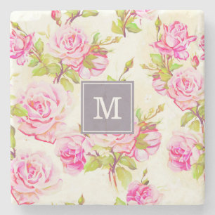 Benutzerdefiniertes Blumenmuster Alte Rose Monogra Steinuntersetzer
