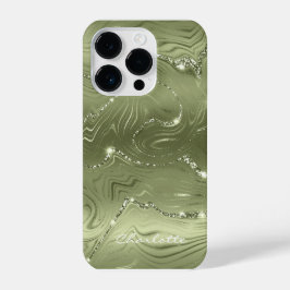 Benutzerdefiniertes Chic Olive Green Silver Glitze iPhone 14 Pro Hülle