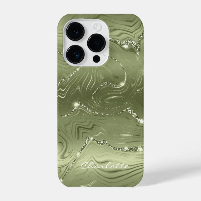 Benutzerdefiniertes Chic Olive Green Silver Glitze iPhone 14 Pro Hülle (Rückseite)