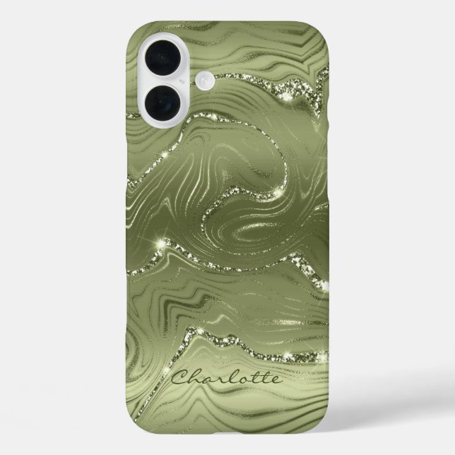 Benutzerdefiniertes Chic Olive Green Silver Glitze iPhone 16 Plus Hülle (Rückseite)