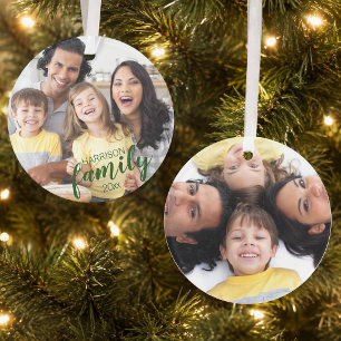 Benutzerdefiniertes FAMILIE Grün Schrift 2 Foto An Ornament
