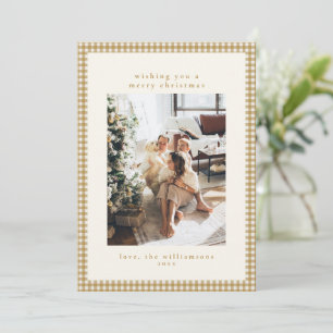 Benutzerdefiniertes Familienfoto Gold Gingham Karo Feiertagskarte
