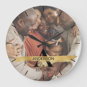 Benutzerdefiniertes Familienfoto Gold-Monogramm-Na Große Wanduhr