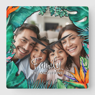 Benutzerdefiniertes Familienfoto Name Tropisches W Quadratische Wanduhr