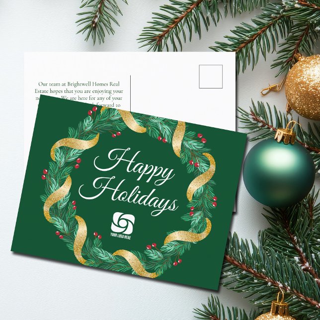 Benutzerdefiniertes Firmenlogo Grüne Weihnachtsfei Feiertagspostkarte (Von Creator hochgeladen)