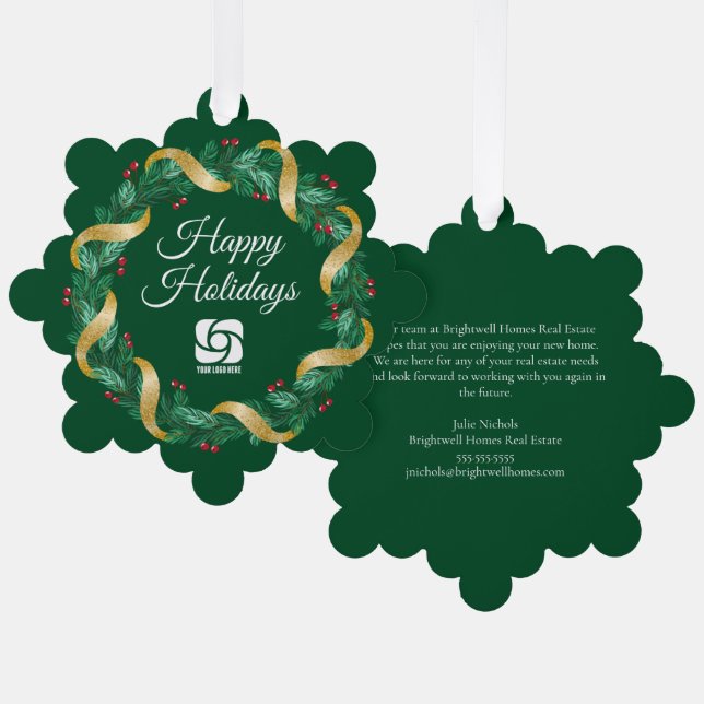 Benutzerdefiniertes Firmenlogo Grüne Weihnachtsfei Ornament Karte (Vorderseite/Rückseite)