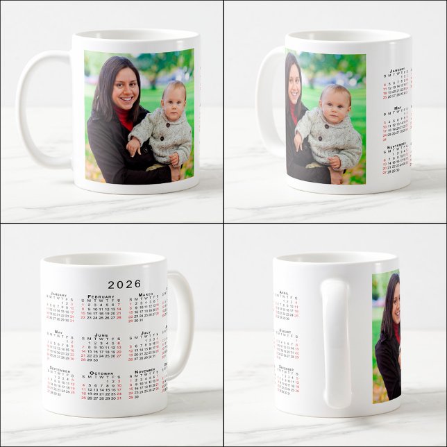 Benutzerdefiniertes Foto 2026 Kalender - Rote Woch Kaffeetasse (Custom Photo 2026 Calendar Red Weekends Coffee Mug, multiple views)