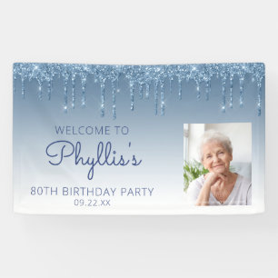 Benutzerdefiniertes Foto Blau Glitter Drip 80. Geb Banner