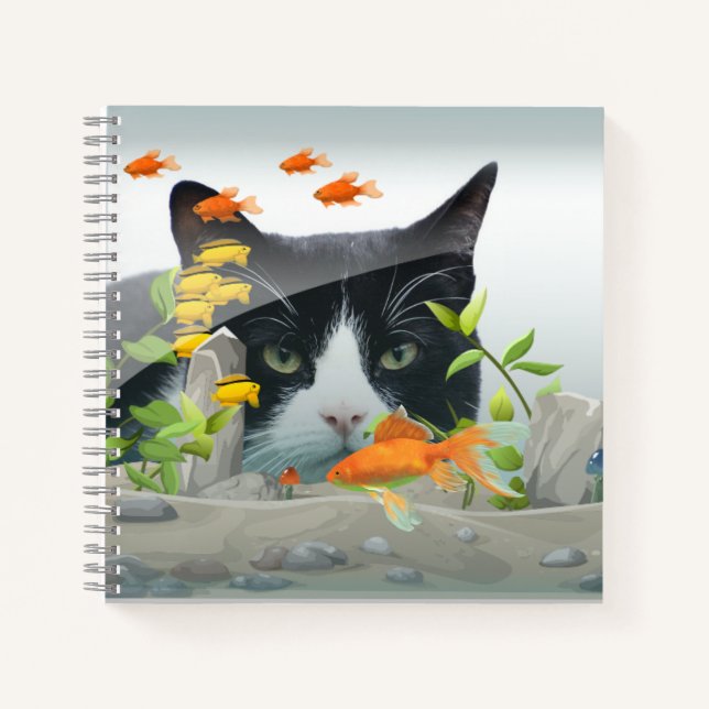 Benutzerdefiniertes Foto Cat Peering in Fischen Ta Notizbuch (Vorderseite)
