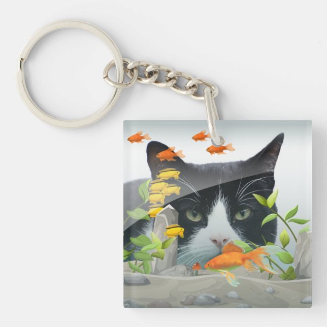 Benutzerdefiniertes Foto Cat Peering in Fischen Ta Schlüsselanhänger (Vorderseite)