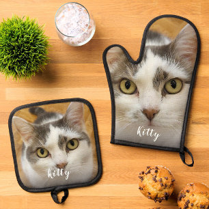 Benutzerdefiniertes Foto für Katzen Personalisiert Ofenhandschuh & Topflappen-Set