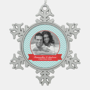 Benutzerdefiniertes Foto für Minze und Red Chevron Schneeflocken Zinn-Ornament