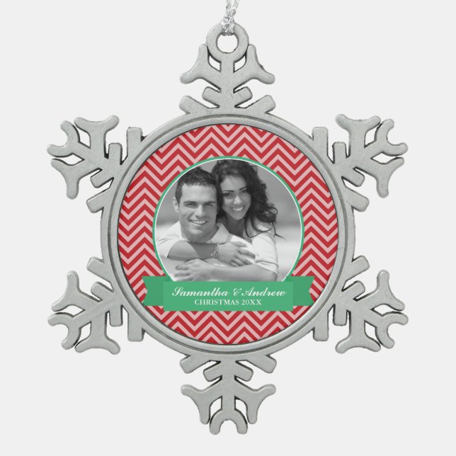 Benutzerdefiniertes Foto für Red Chevrons Schneeflocken Zinn-Ornament (Vorderseite)