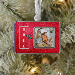 Benutzerdefiniertes Foto für Red Glitzer Family Rahmen-Ornament Silber