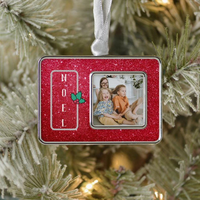 Benutzerdefiniertes Foto für Red Glitzer Family Rahmen-Ornament Silber (Baum)