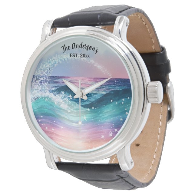 Benutzerdefiniertes Foto für Wasserfarben Blue Oce Armbanduhr (Schrägansicht)