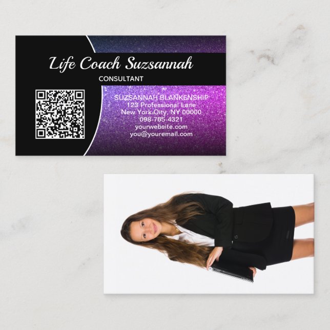 Benutzerdefiniertes Foto Lila Ombre Glitzer QR Ber Visitenkarte (Vorne/Hinten)