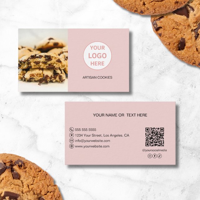Benutzerdefiniertes Foto-Logo QR Rosa Bäckerei Visitenkarte (Custom Photo Logo QR Pink Bakery Business Card)