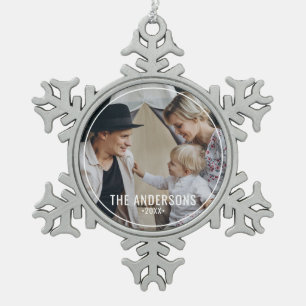 Benutzerdefiniertes Foto mit Familienname Schneeflocken Zinn-Ornament