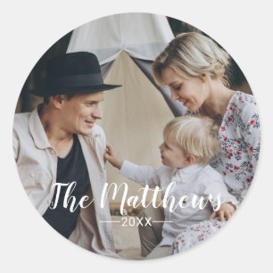 Benutzerdefiniertes Foto mit Familienname Urlaub Runder Aufkleber